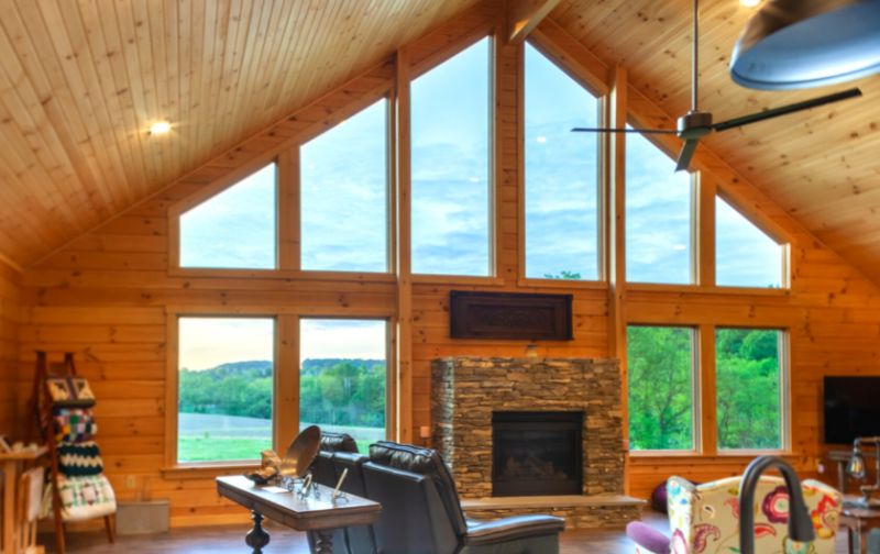 modern wooden cabin interior lighting